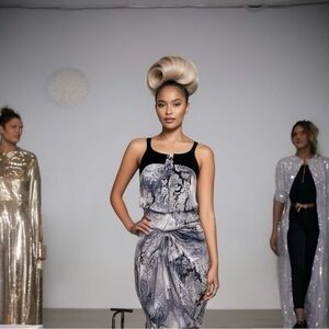 ARBER 100% Silk Gray Black Floral Sleeveless Top Skirt Suit Set Sz M Good Cond